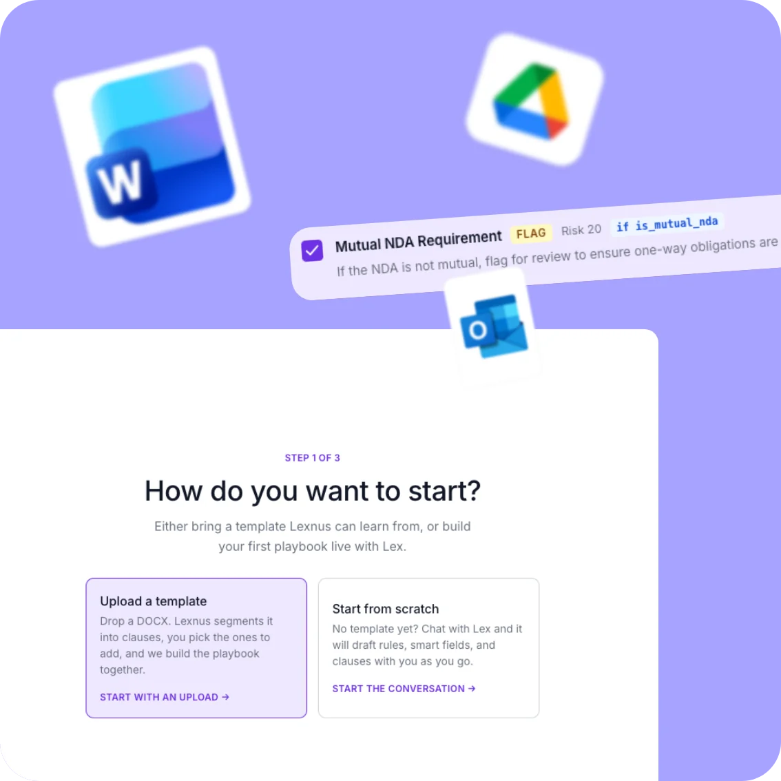 Starting a playbook in Lexnus, alongside Word, Outlook and Google Drive