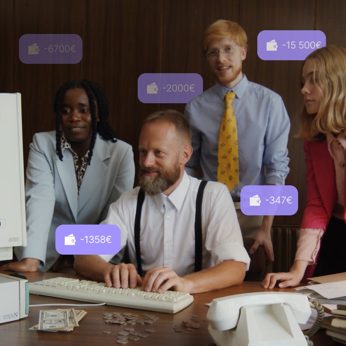 A consulting team around a desk, with the costs of missed contract terms floating above them